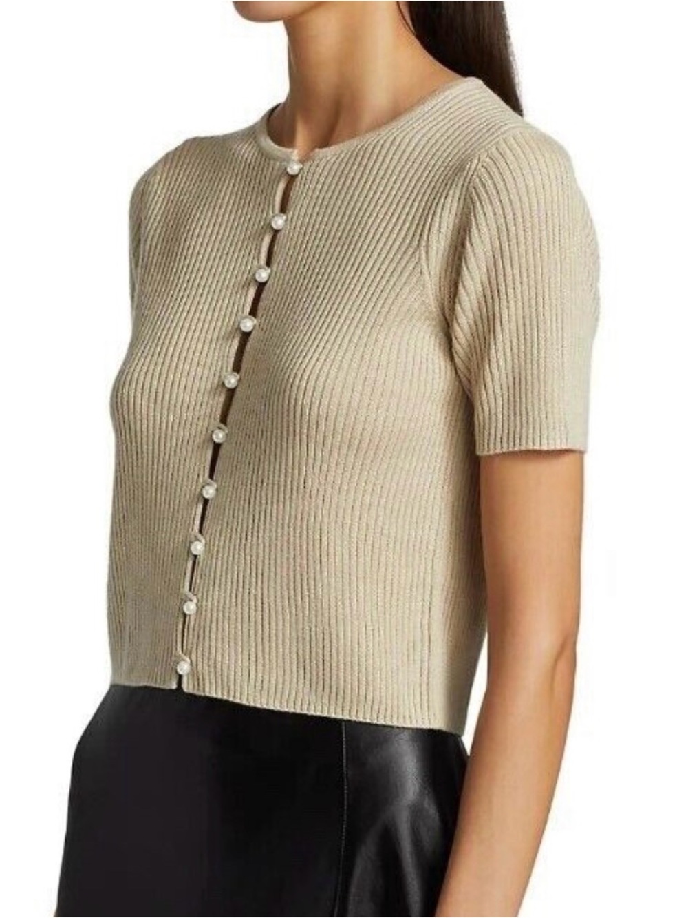 NAADAM Ribbed Short Sleeve Cardigan with Pearl Buttons - Cream